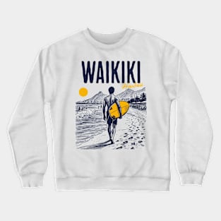 Vintage Surfing Sketch // Waikiki Beach Hawaii // Retro Surfer Drawing Crewneck Sweatshirt